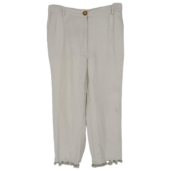 Anthropologie White Linen Capri Pants Pom Pom Trim Cropped Summer Casual - Picture 1 of 8